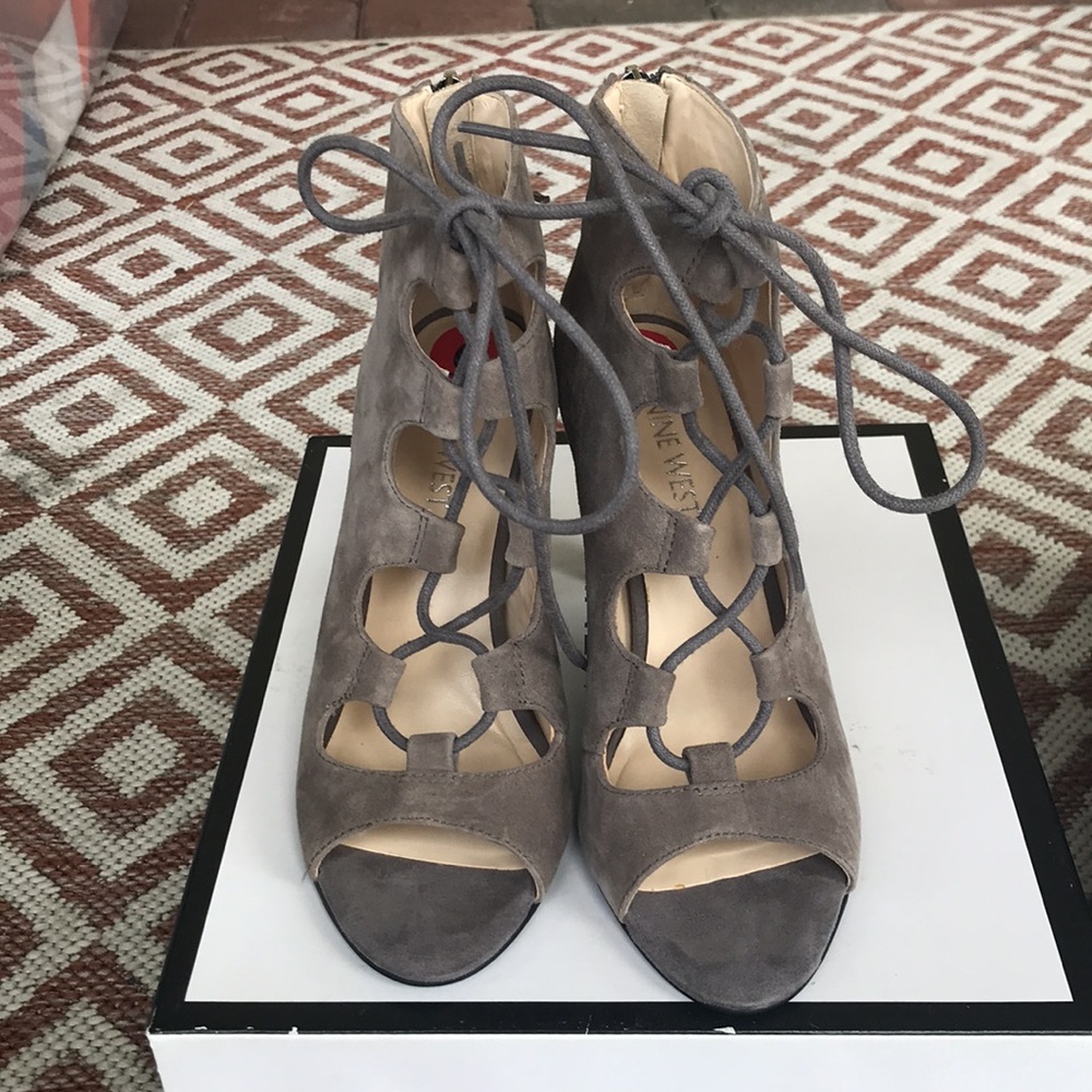 Suede peeptoe lace up heels